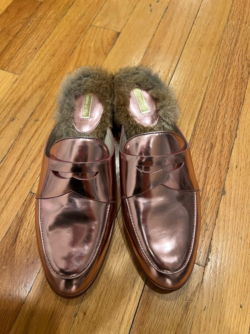 Louise et Cie Metallic Rose Gold Fur-Trim Slip-On Mules